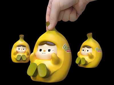 Cute Banana Shaped Doll with Little Boy Figure Sitting Inside Banana Held by Hand 3d model