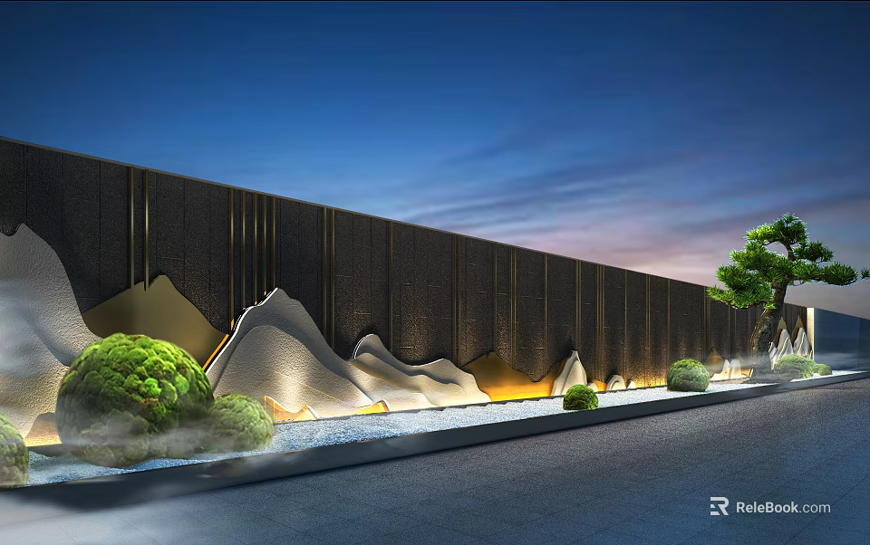 Garden Ornament Black Wall Mountain Shaped Designs Illuminated Lighting Green Shrubs Pine Tree Misty Gravel Path 3d model 