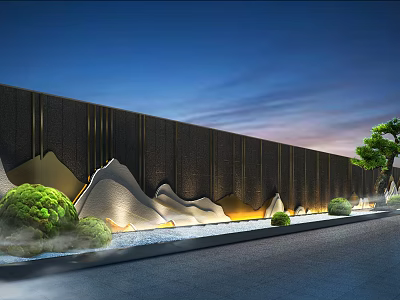 Garden Ornament Black Wall Mountain Shaped Designs Illuminated Lighting Green Shrubs Pine Tree Misty Gravel Path 3d model