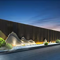Garden Ornament Black Wall Mountain Shaped Designs Illuminated Lighting Green Shrubs Pine Tree Misty Gravel Path