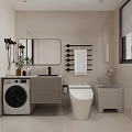 Modern Bathroom Interior With Glass Shower White Toilet Black Vanity Large Mirror And Washing Machine