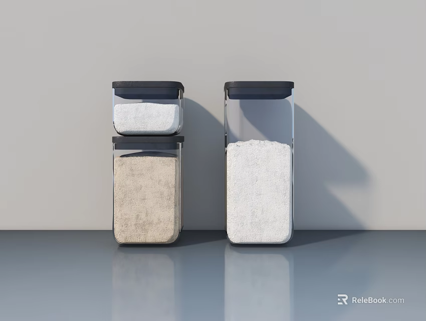 Dressing Table With Jars In White Beige Clear And Black Lids On Gray Surface 3d model