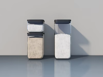 Dressing Table With Jars In White Beige Clear And Black Lids On Gray Surface 3d model