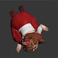 Cartoon Style Woman With Red Bow Curly Hair White Top And Red Skirt Kneeling Pose