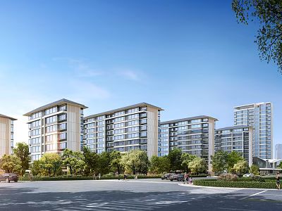 Modern High Rise Residential Buildings With Greenery And Road Under Clear Sky 3d model