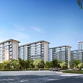 Modern High Rise Residential Buildings With Greenery And Road Under Clear Sky