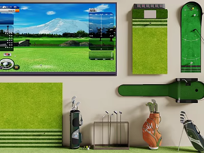 Golf Course Simulator Setup With Green Turf Golf Clubs And Practice Equipment 3d model