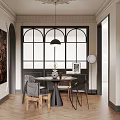 Modern Restaurant Interior With Walnut Cabinets Black Appliances Dining Table And Pendant Lamp