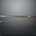 Shiny Medieval Sword With Metal Blade Golden Hilt Wooden Handle And Reflection On Dark Background