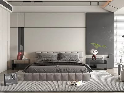 Modern Bedroom Interior Design With Comfortable Bed Nightstand Area Rug And Decorative Plant 3d model