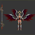 Game Movie Character With Red Purple Wings Golden Halo And Golden White Armor Spear