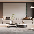 Modern Living Room With Beige Sofa Coffee Tables Floor Lamp Area Rug And Potted Plant