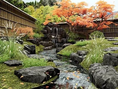 Japanese Garden Water Fountain With Stream Stones Bamboo Fence Greenery And Red Maple Tree 3d model