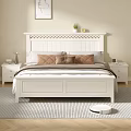 White Double Bed with Carved Headboard Soft Pillows Cozy Blanket and Nightstands in Bright Bedroom