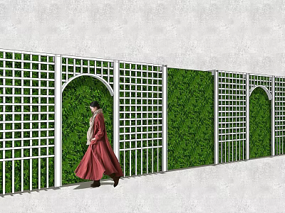 Landscape Wall Design With White Lattice Green Plant And Arched Doorways 3d model