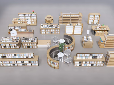 Various Wooden Bookcases With Modern Design Open Shelves And Curved Storage Units 3d model
