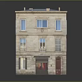 Three Story Brick Building with Classic Windows Red Door and Blue Roof