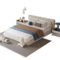 Modern Kids Bed With Blue Brown White Bedding Stuffed Toys And Bedside Tables On Rug