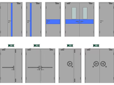 Various Door Designs Including Single Double With Blue Stripes Glass Panels And Handles 3d model