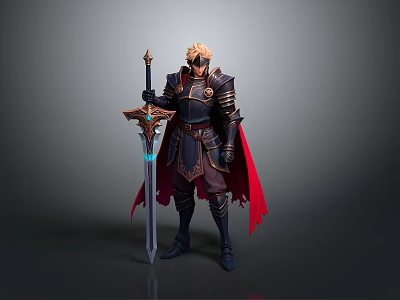 3D Rendered Knight In Black Armor With Red Cape And Blue Glow Sword Standing Upright 3d model