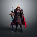 3D Rendered Knight In Black Armor With Red Cape And Blue Glow Sword Standing Upright