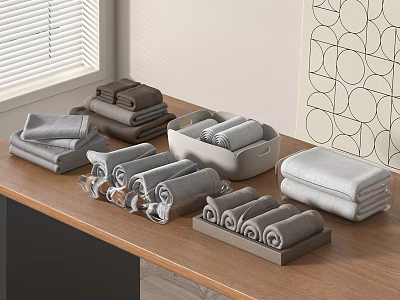 Soft Gray and Brown Towels Folded and Rolled on Wooden Table with Trays 3d model