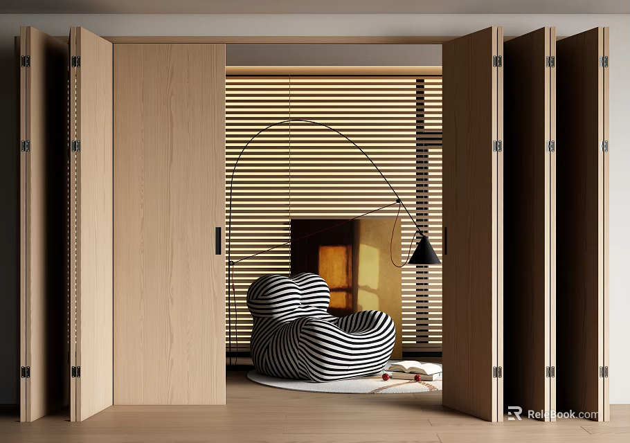 Open Wooden Folding Doors In Modern Interior With Leisure Chair And Floor Lamp 3d model 