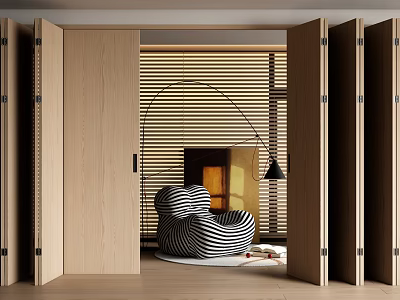 Open Wooden Folding Doors In Modern Interior With Leisure Chair And Floor Lamp 3d model
