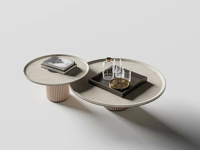 Nested Round Coffee Tables with Light Gray Top Ribbed Gold Base Glass Cups and Magazine 3d model