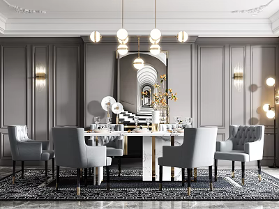 Elegant Modern Restaurant Interior With Gray Walls Pendant Lights Dining Table Chairs Mirror And Rug 3d model