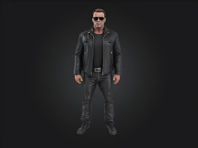 Tall Male Character In Black Leather Jacket Pants And Sunglasses Standing Against Dark Background 3d model