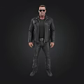 Tall Male Character In Black Leather Jacket Pants And Sunglasses Standing Against Dark Background
