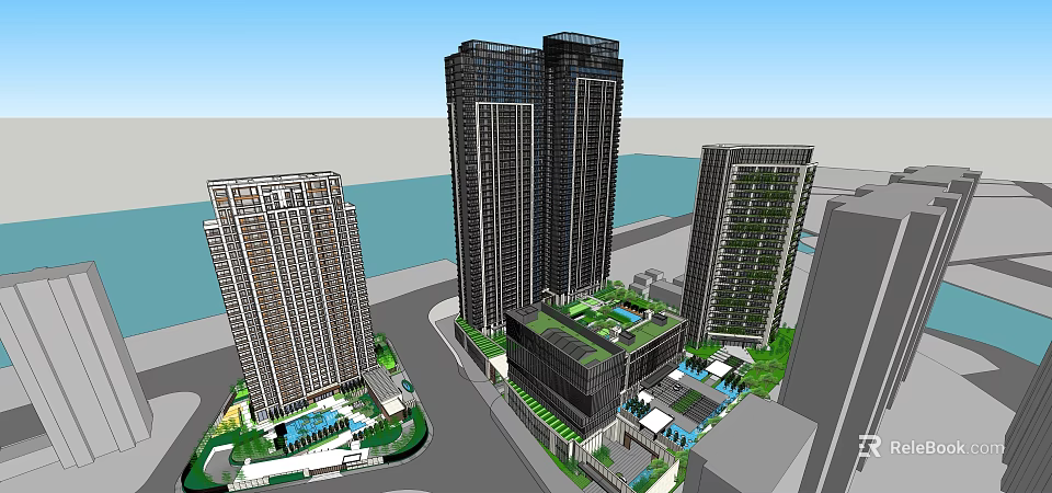 Modern High Rise Building Complex With Sea View Green Roof And Urban Greenery Design 3d model 