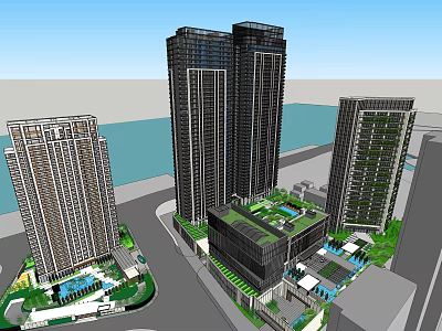 Modern High Rise Building Complex With Sea View Green Roof And Urban Greenery Design 3d model