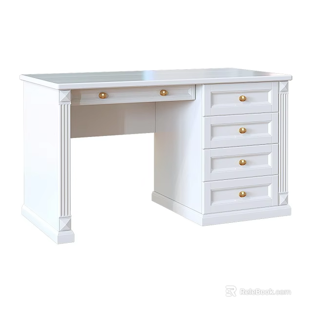 Simple White Desk With Multiple Drawers And Gold Knobs Design 3d model