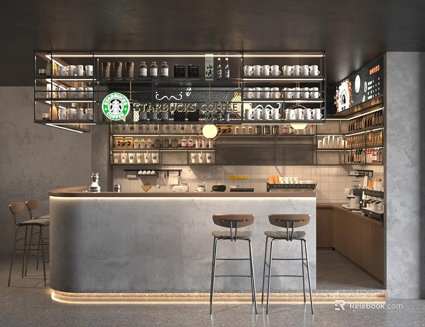 Modern Starbucks Cafe Interior Featuring Counter Bar Stools and Shelves with Cups Beverage Supplies 3d model 