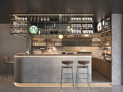 Modern Starbucks Cafe Interior Featuring Counter Bar Stools and Shelves with Cups Beverage Supplies 3d model