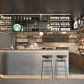Modern Starbucks Cafe Interior Featuring Counter Bar Stools and Shelves with Cups Beverage Supplies