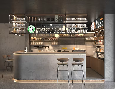 Industrial Style Cafe Water Bar Restaurant Workbench Coffee Machine Coffee Bean Bar Counter Cashier Machine Coffee Cup Disposable Cup Long Footstool Bar Stool 3d model
