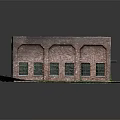 Red Brick Building Model With Arched Windows And Gray Roof On Grass Field And Path
