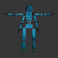 Blue Mechanical Robot Figures With Extended Relaxed Arm Positions And Metal Structure