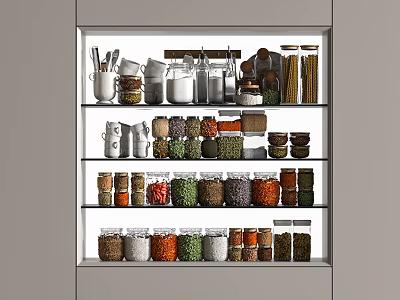 Neatly Arranged Spice Bottles With Various Spices On Kitchen Storage Shelves 3d model