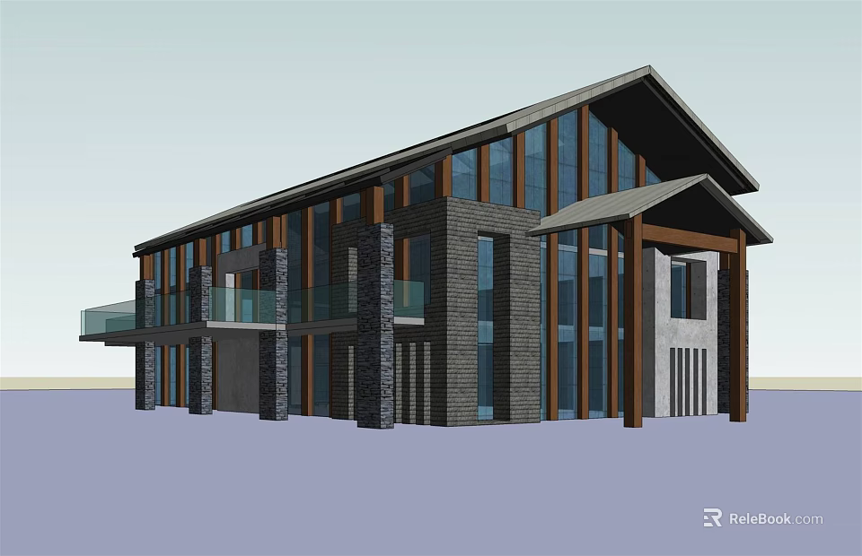 Modern Two Story Building With Stone Wood Facade Sloped Roof And Large Glass Windows 3d model 