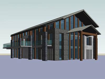 Modern Two Story Building With Stone Wood Facade Sloped Roof And Large Glass Windows 3d model