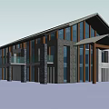 Modern Two Story Building With Stone Wood Facade Sloped Roof And Large Glass Windows