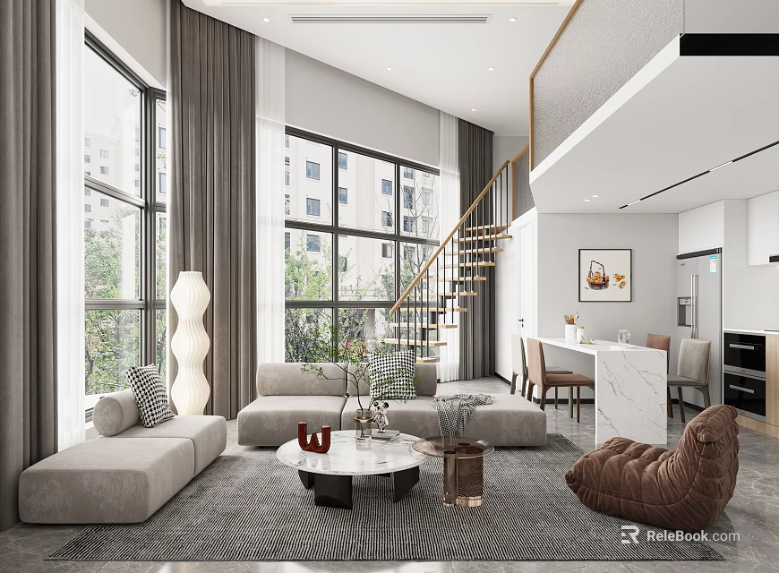 Spacious Modern Apartment Interior With Open Layout Spiral Staircase And Light Gray Sofa 3d model