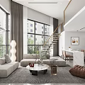 Spacious Modern Apartment Interior With Open Layout Spiral Staircase And Light Gray Sofa 3d model