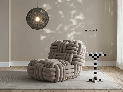 Knitted Design Single Seater Sofa With Checkered Side Table Pendant Lamp And Light Shadow 3d model