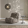 Knitted Design Single Seater Sofa With Checkered Side Table Pendant Lamp And Light Shadow
