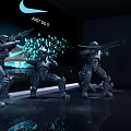 Dynamic Warrior Sculptures in Armor with Blue Light Spots and Wave Background